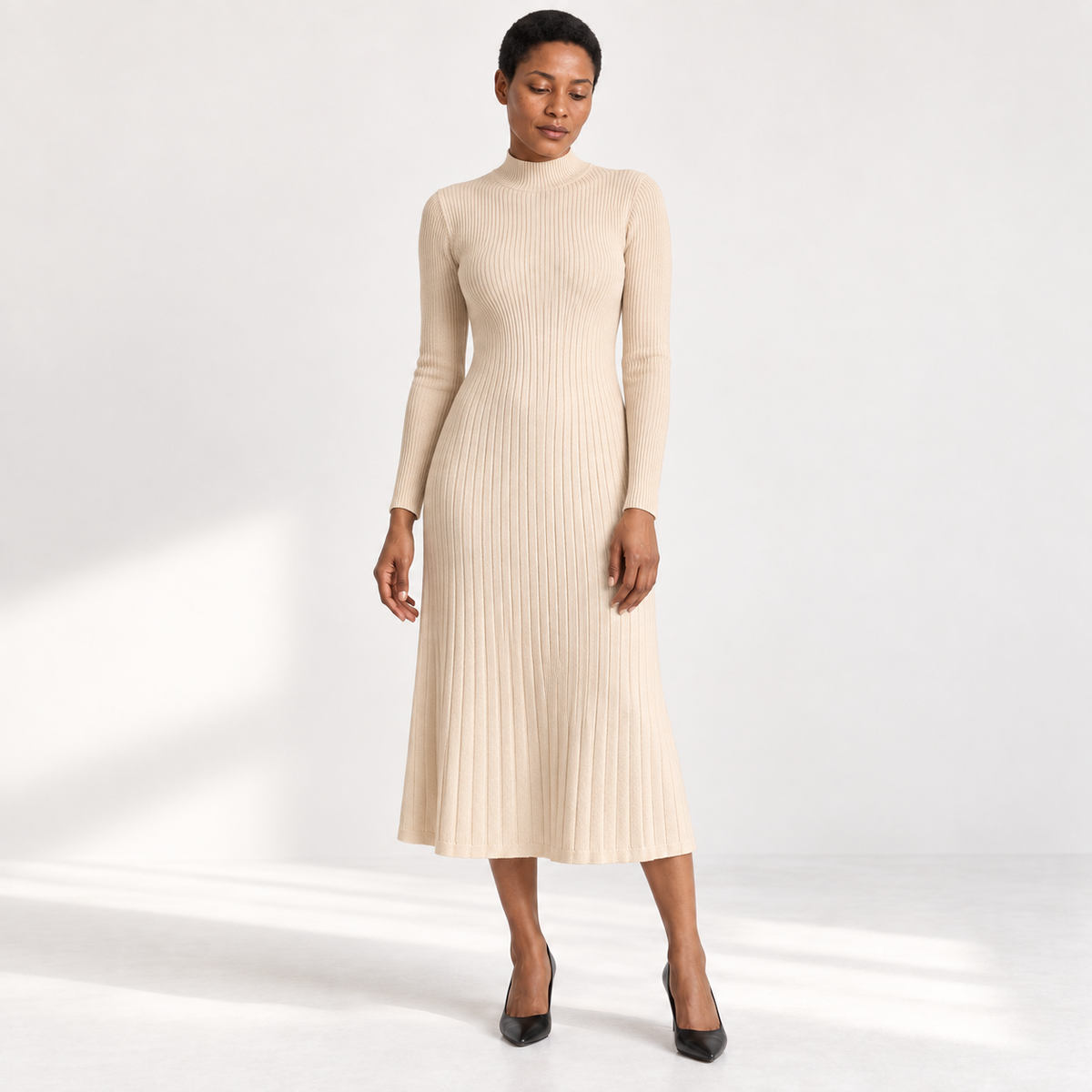 Womens Half Turtleneck Knitted Dress — Apricot — front — studio 40-4