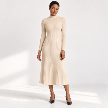 Womens Half Turtleneck Knitted Dress — Apricot — front — studio 40-4