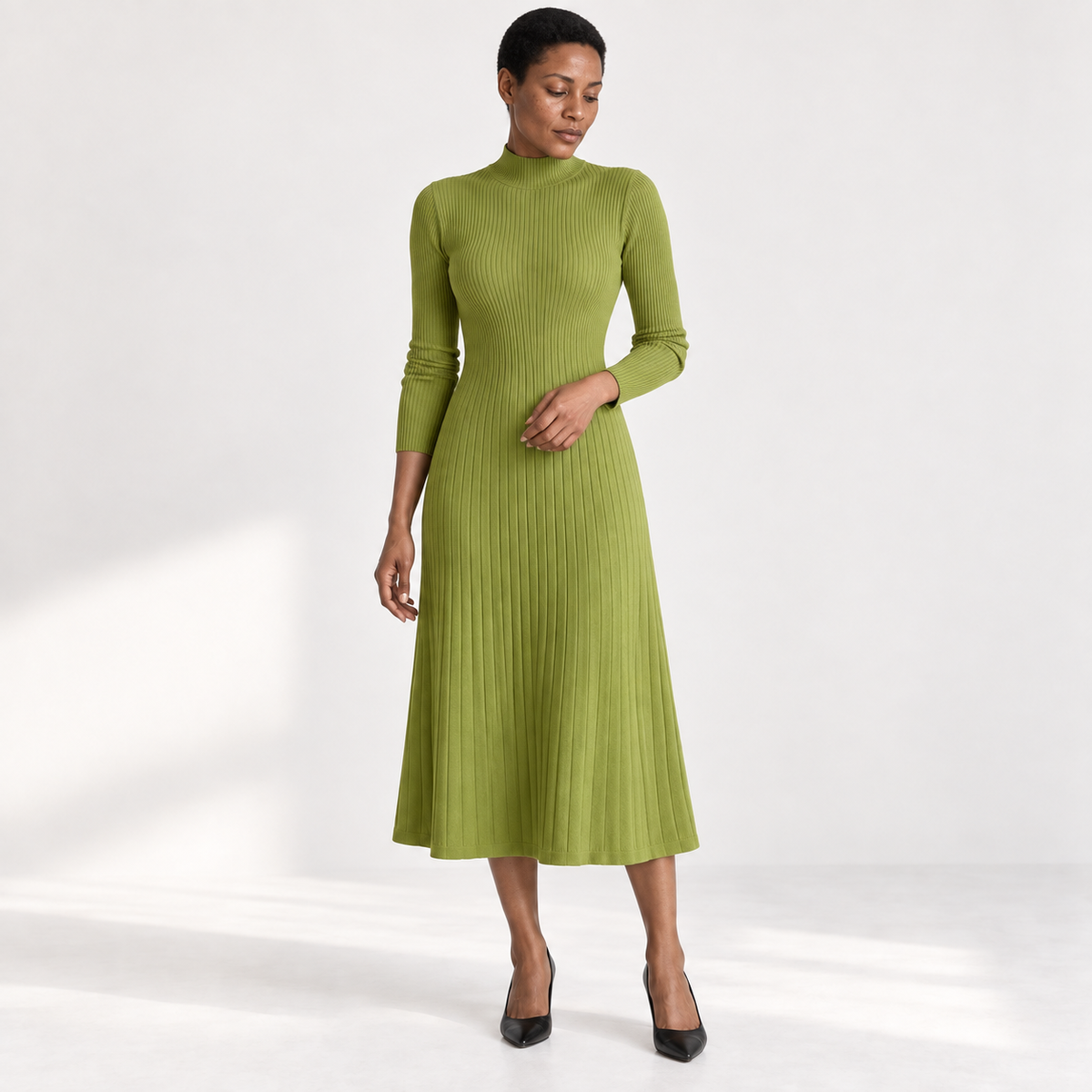 Womens Half Turtleneck Knitted Dress — Green — front — studio 40-5
