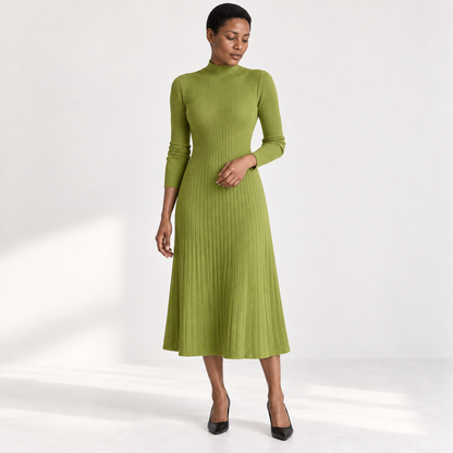 Womens Half Turtleneck Knitted Dress — Green — front — studio 40-5