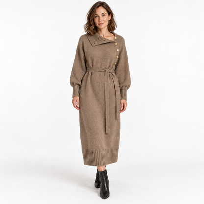 Women's Knitted Long Dress — Khaki — front — studio 41-1