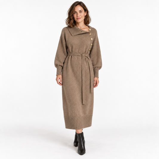 Women's Knitted Long Dress — Khaki — front — studio 41-1