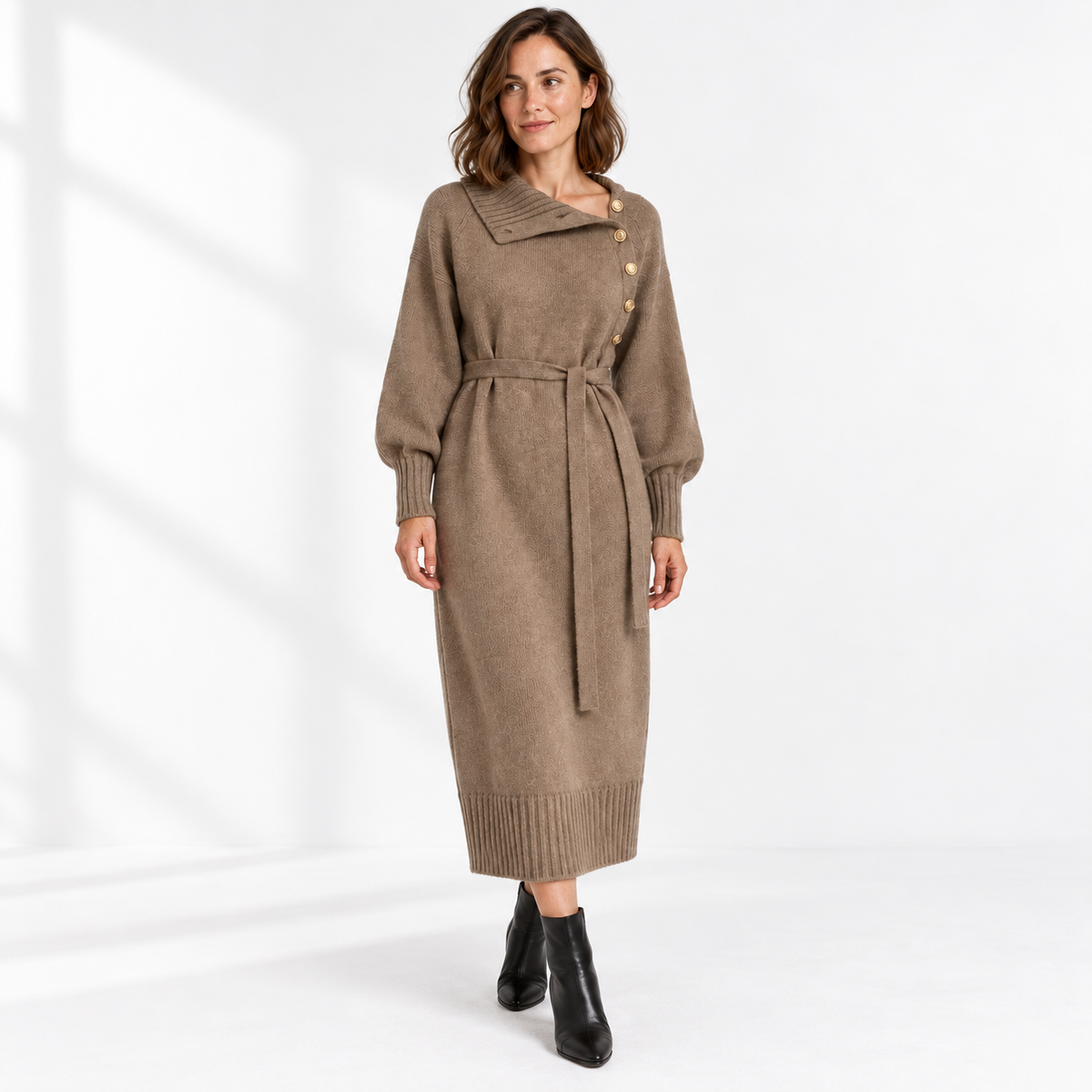 Women's Knitted Long Dress — Khaki — three_quarter — studio 41-2