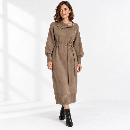 Women's Knitted Long Dress — Khaki — three_quarter — studio 41-2