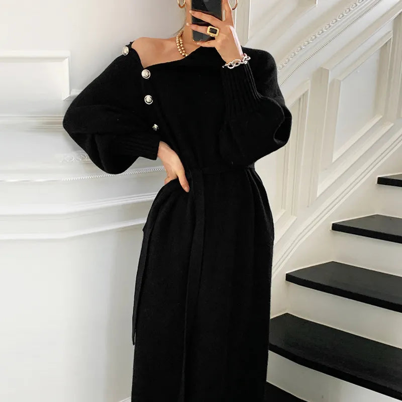 Maeve & Co Women's Jumper Dress - Belted Button Detail Balloon Sleeve Midi