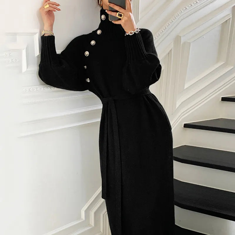 Maeve & Co Women's Jumper Dress - Belted Button Detail Balloon Sleeve Midi