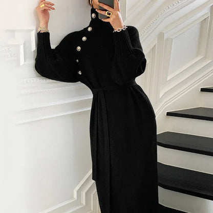Maeve & Co Women's Jumper Dress - Belted Button Detail Balloon Sleeve Midi