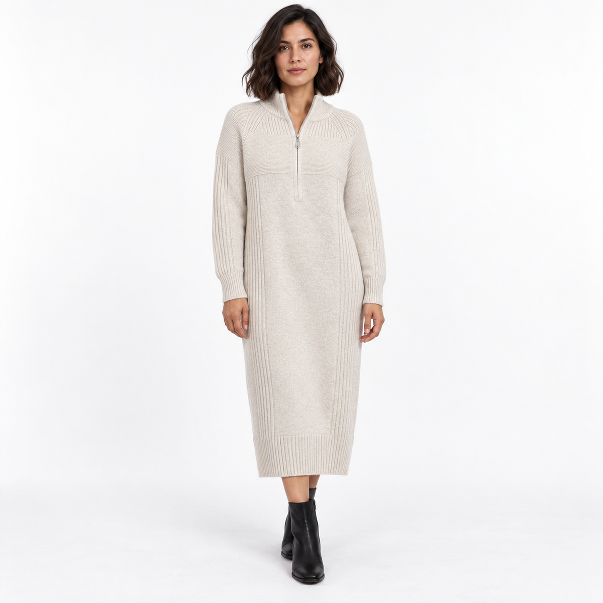 Half-Zip Knitted Sweater Dress — Oat White — front — studio 43-1