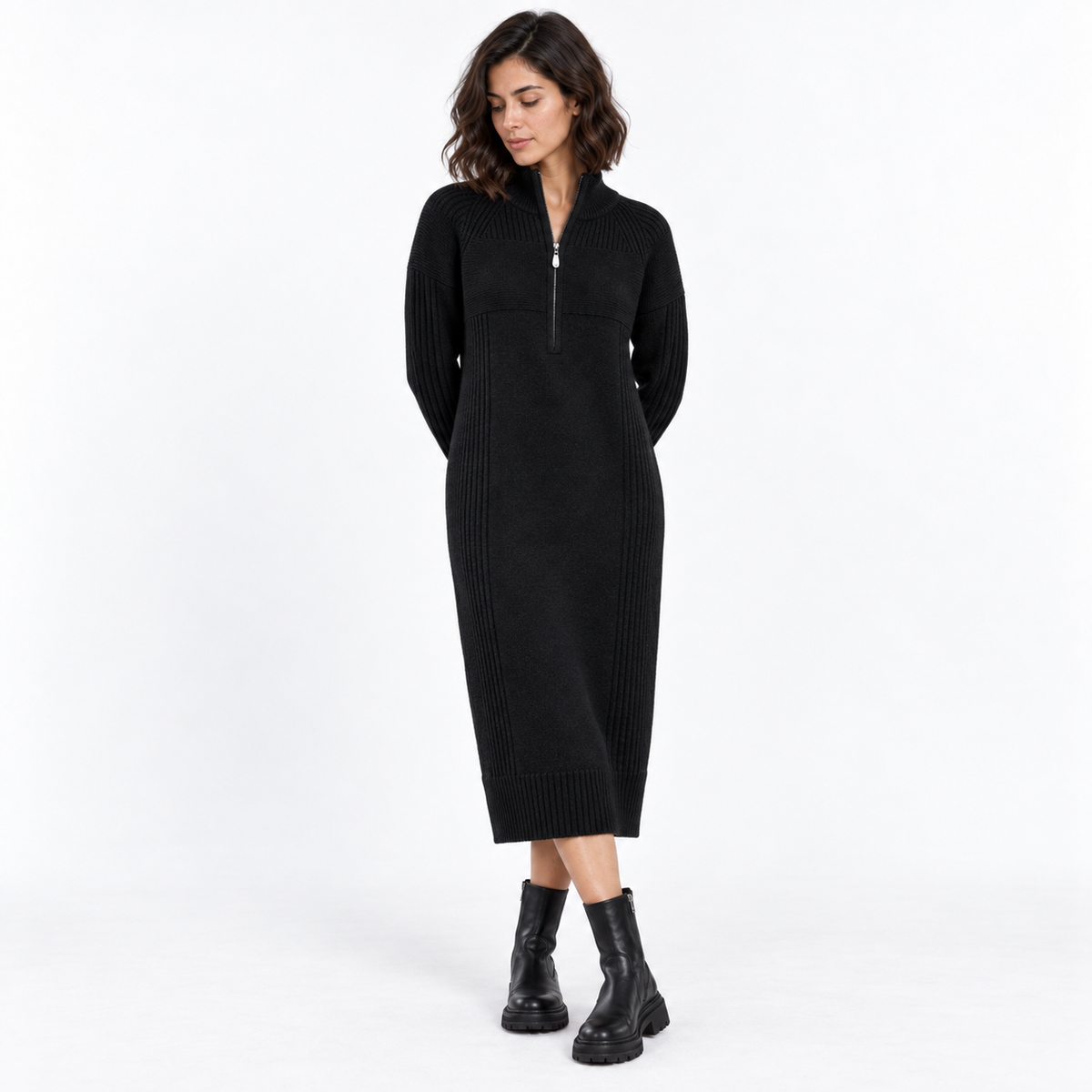 Half-Zip Knitted Sweater Dress — Black — front — studio 43-2