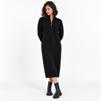 Half-Zip Knitted Sweater Dress — Black — front — studio 43-2
