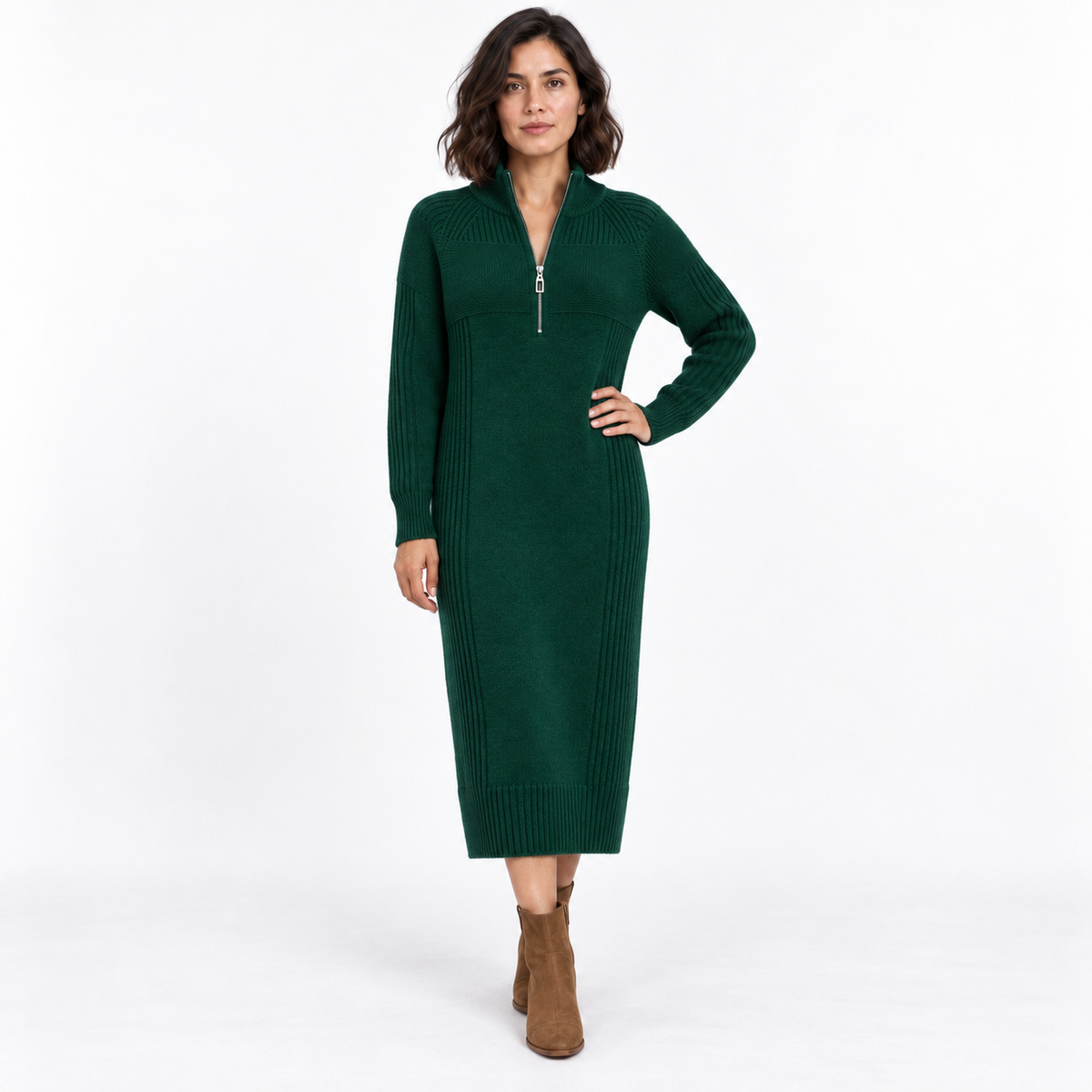 Half-Zip Knitted Sweater Dress — Forest Green — front — studio 43-3