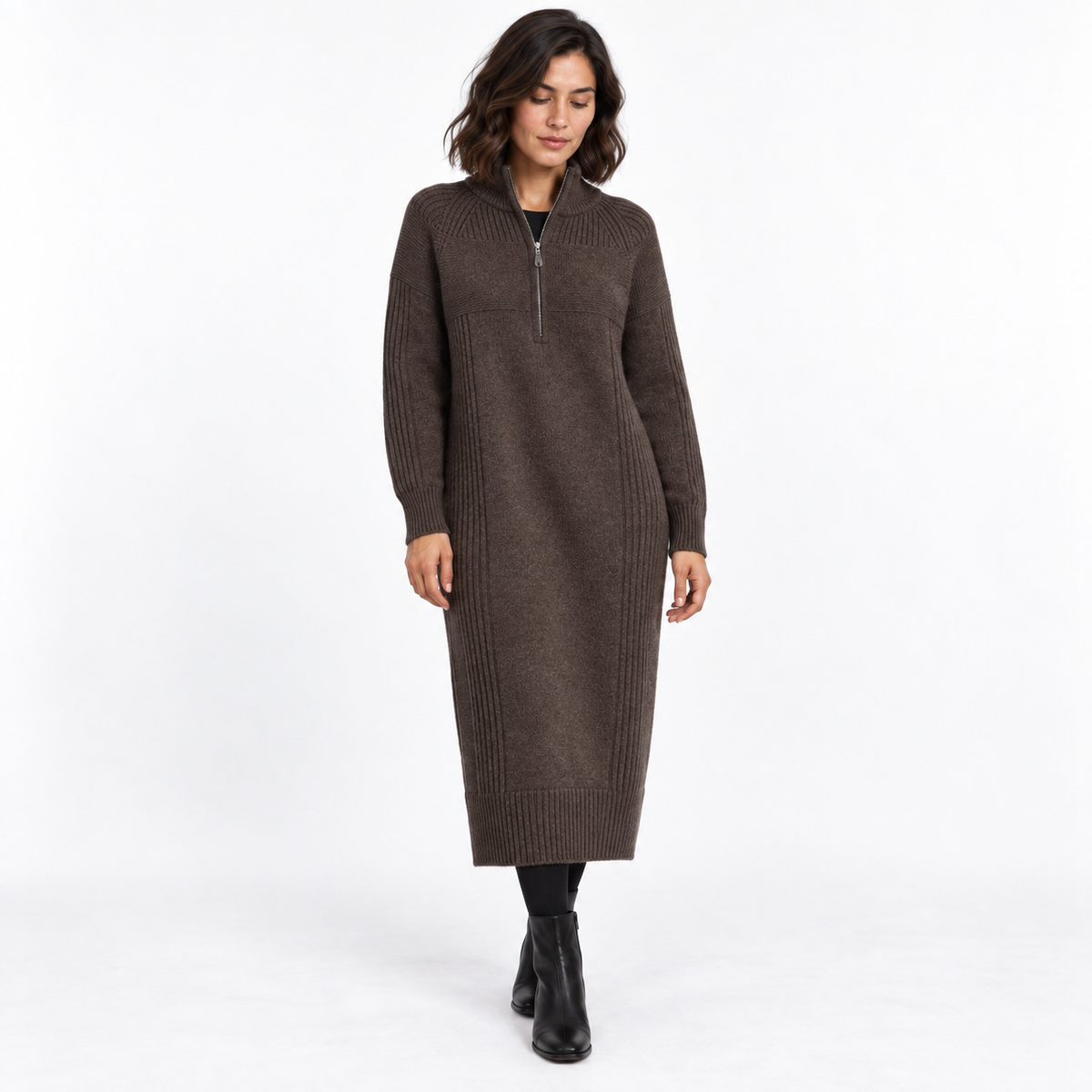 Half-Zip Knitted Sweater Dress — Coffee — front — studio 43-4