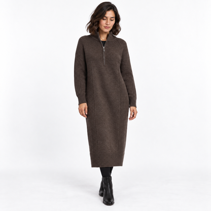 Half-Zip Knitted Sweater Dress — Coffee — front — studio 43-4