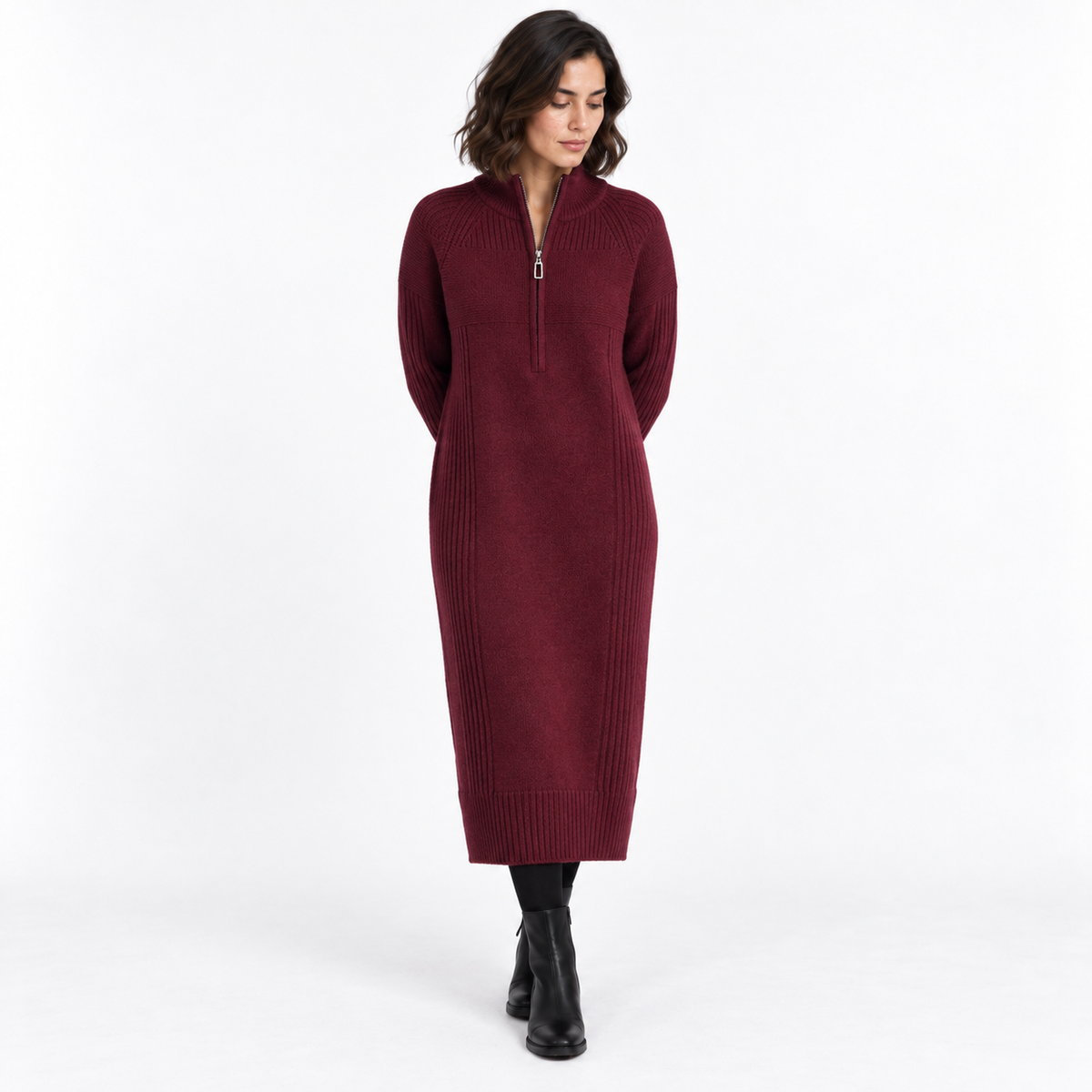 Half-Zip Knitted Sweater Dress — Burgundy — front — studio 43-5