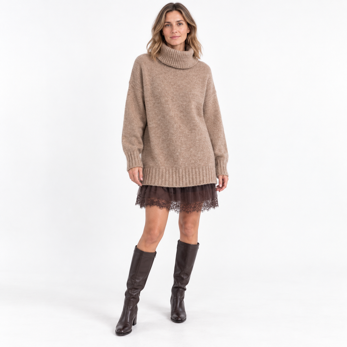 Womens Knit Top and Dress — Khaki Sweater Brown Dress — front — studio 44-1