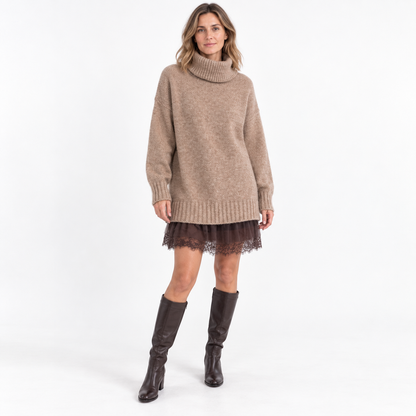 Womens Knit Top and Dress — Khaki Sweater Brown Dress — front — studio 44-1