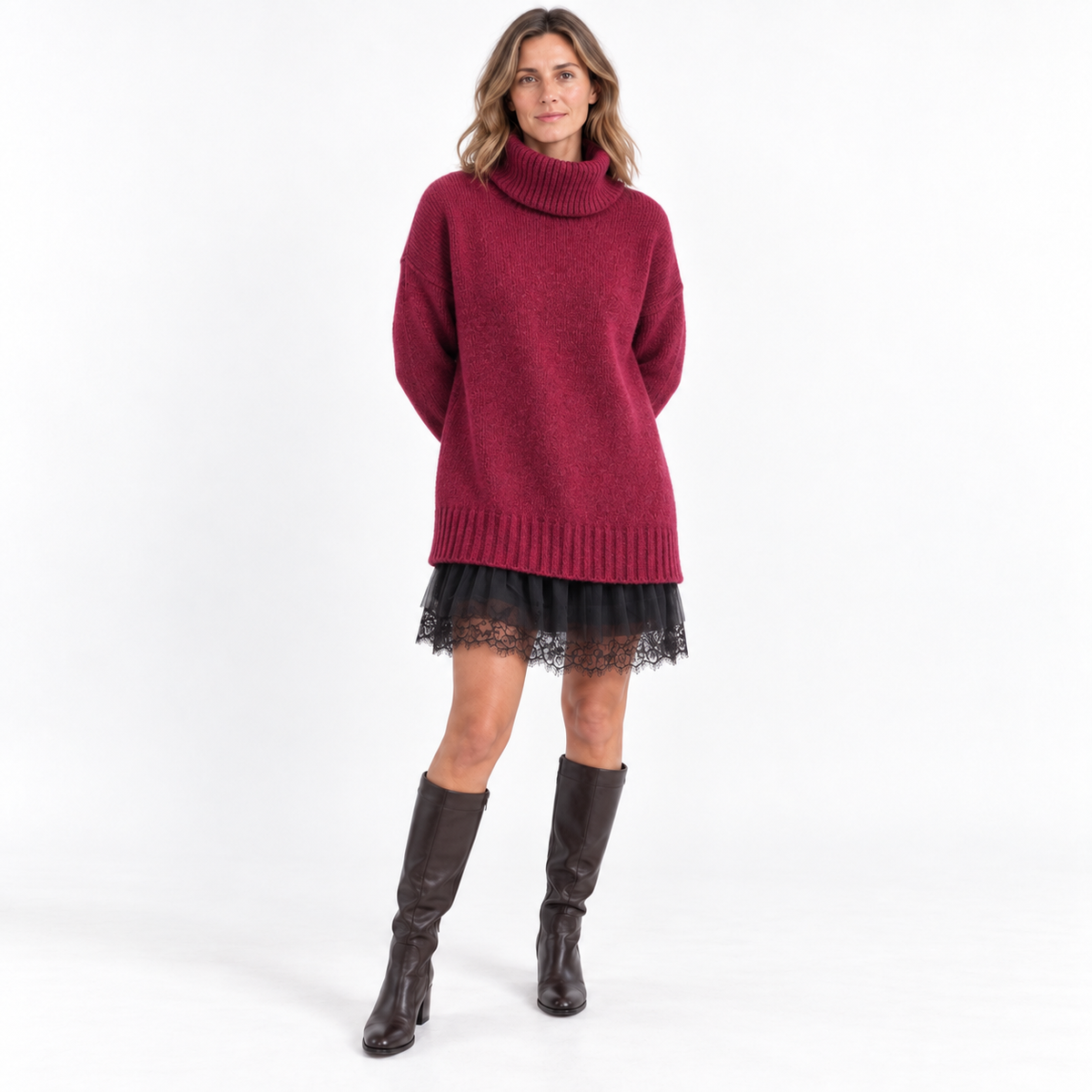 Womens Knit Top and Dress — Rose Red Sweater Black Dress — front — studio 44-2