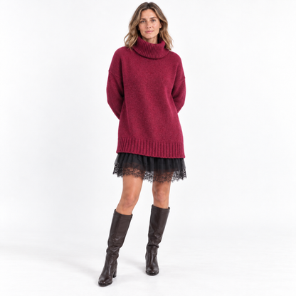 Womens Knit Top and Dress — Rose Red Sweater Black Dress — front — studio 44-2