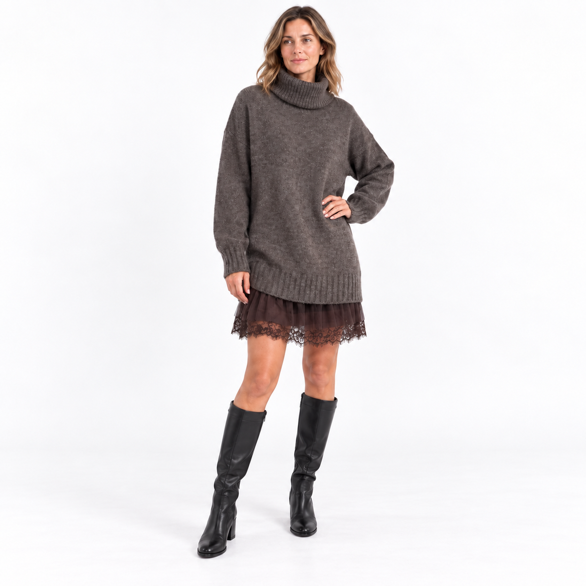 Womens Knit Top and Dress — Dark Brown Sweater Brown Dress — front — studio 44-3