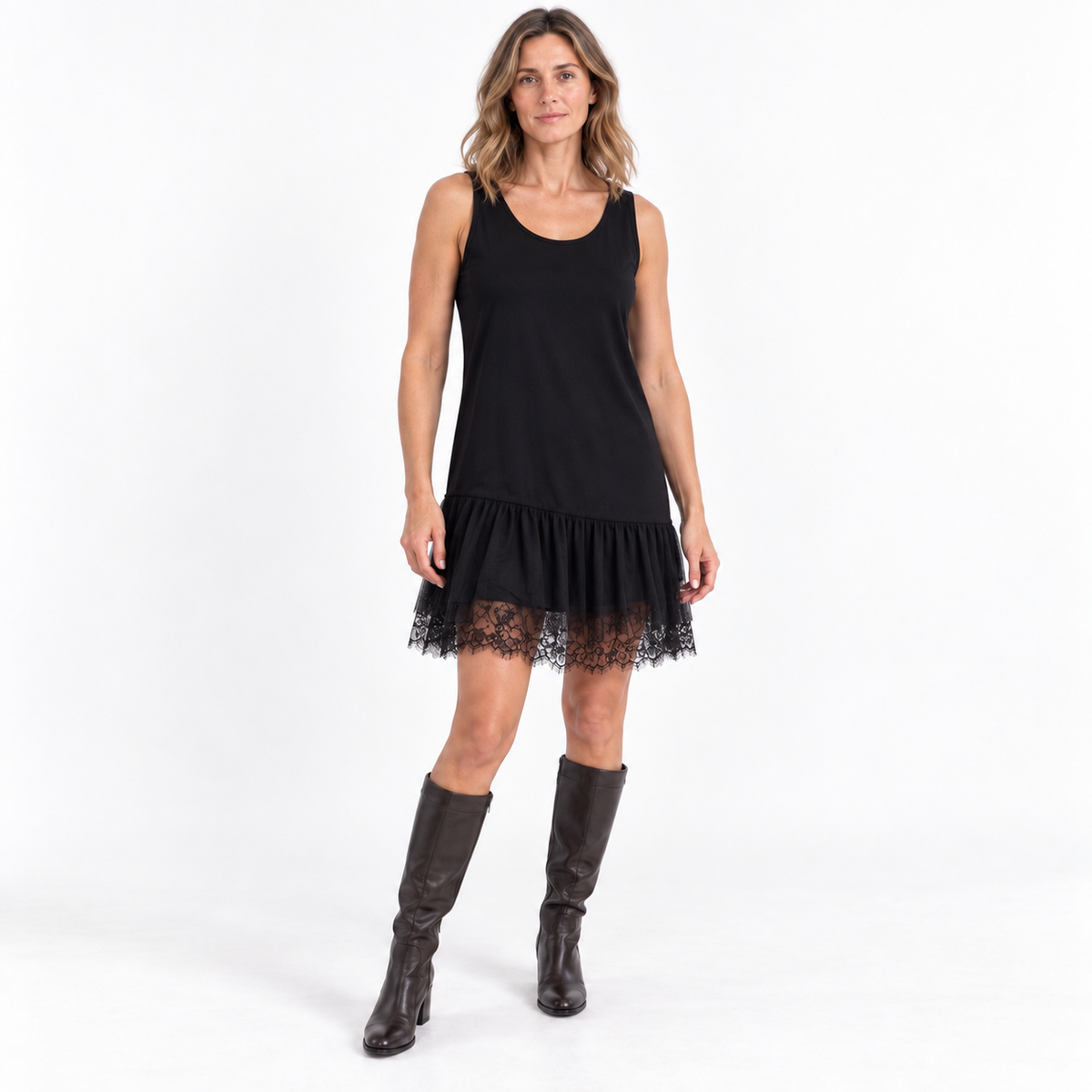 Womens Knit Top and Dress — Black Skirt — front — studio 44-4