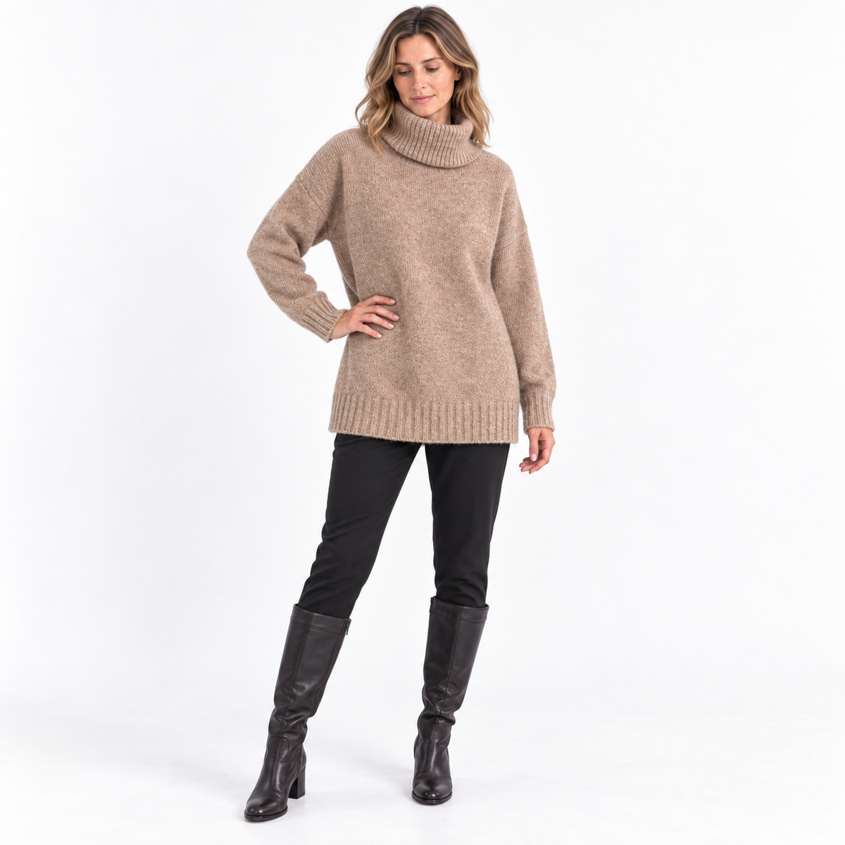 Womens Knit Top and Dress — Khaki Sweater — front — studio 44-5