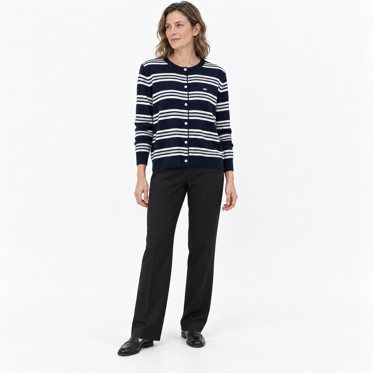 Womens Striped Knit Button-Up Cardigan — Navy blue — front — studio 45-1