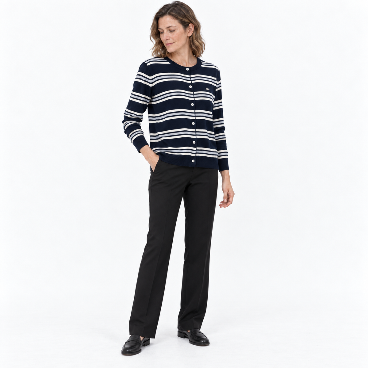 Womens Striped Knit Button-Up Cardigan — Navy blue — three_quarter — studio 45-2