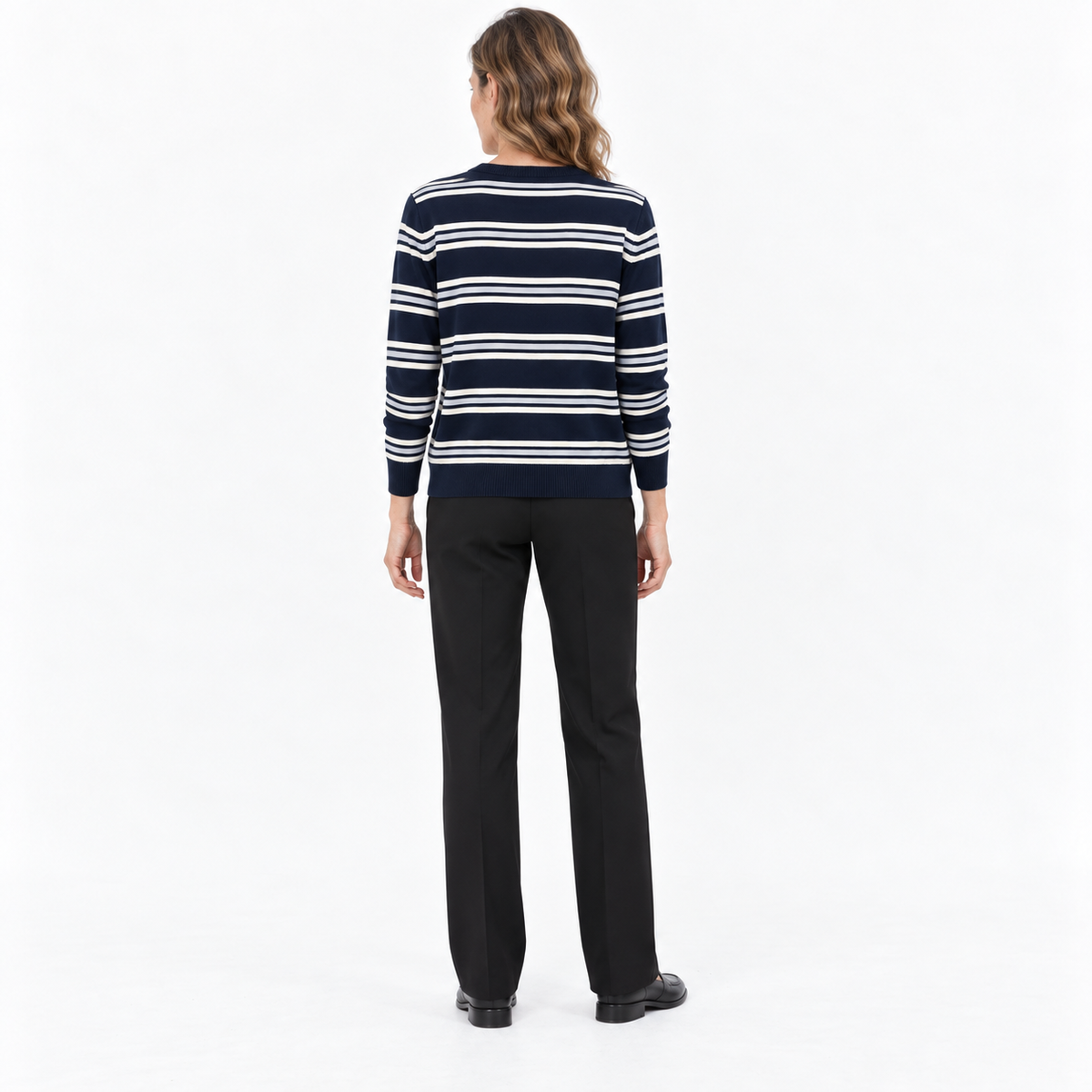 Womens Striped Knit Button-Up Cardigan — Navy blue — back — studio 45-3