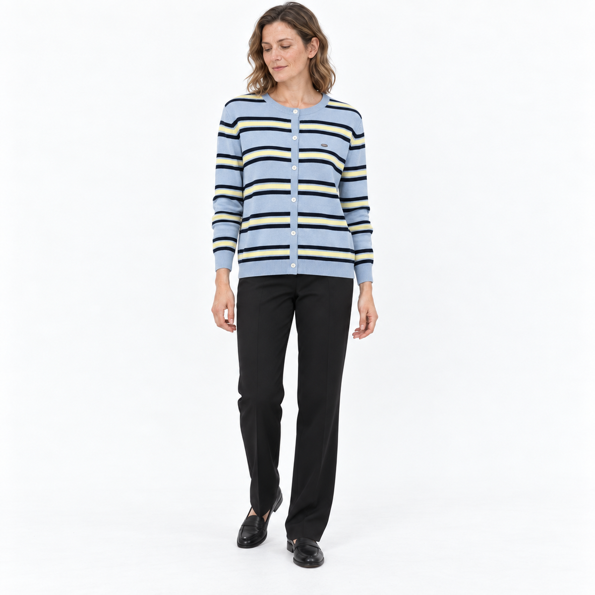 Womens Striped Knit Button-Up Cardigan — Blue — front — studio 45-4 corrected
