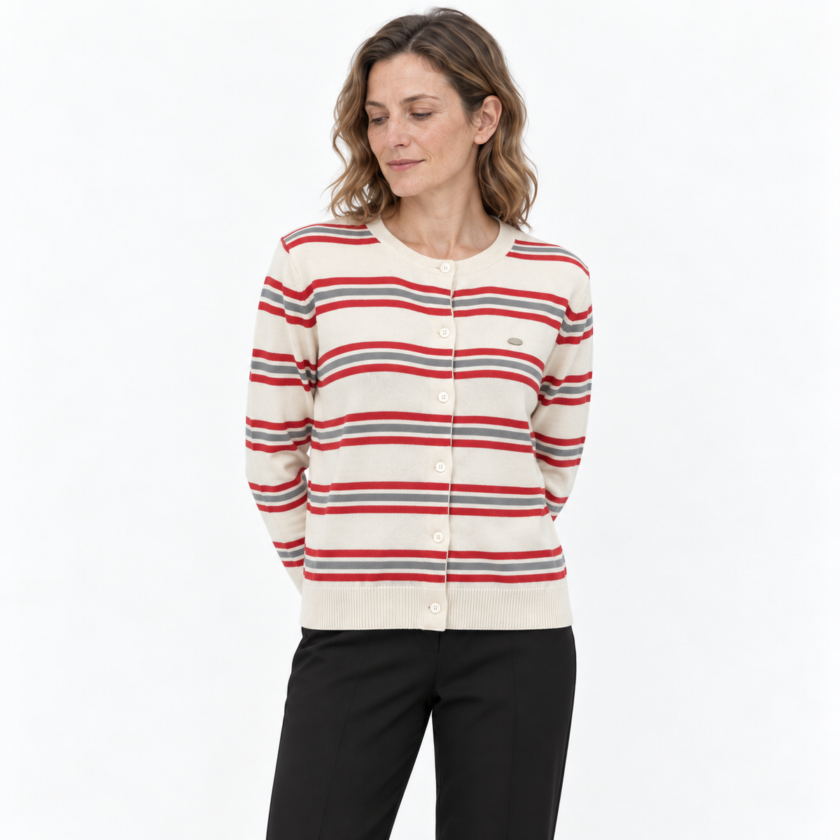 Womens Striped Knit Button-Up Cardigan — Pink — front — studio 45-5