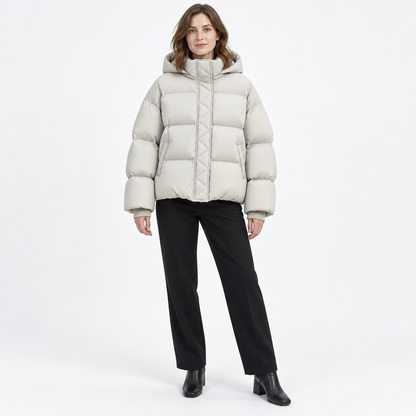 Short Hooded Puffer Down Jacket for Women — Cream gray — front — studio 46-1