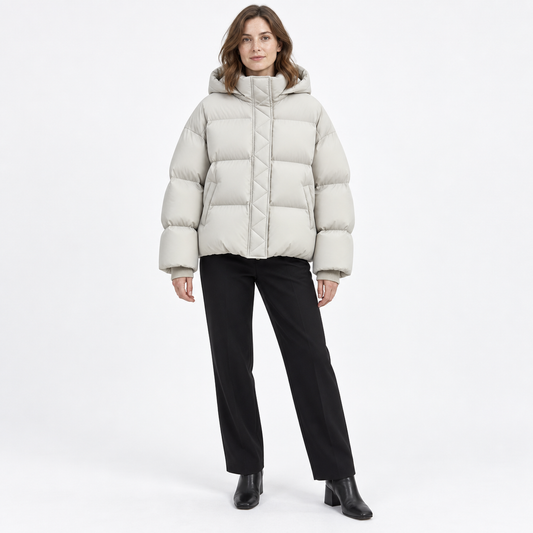 Short Hooded Puffer Down Jacket for Women — Cream gray — front — studio 46-1