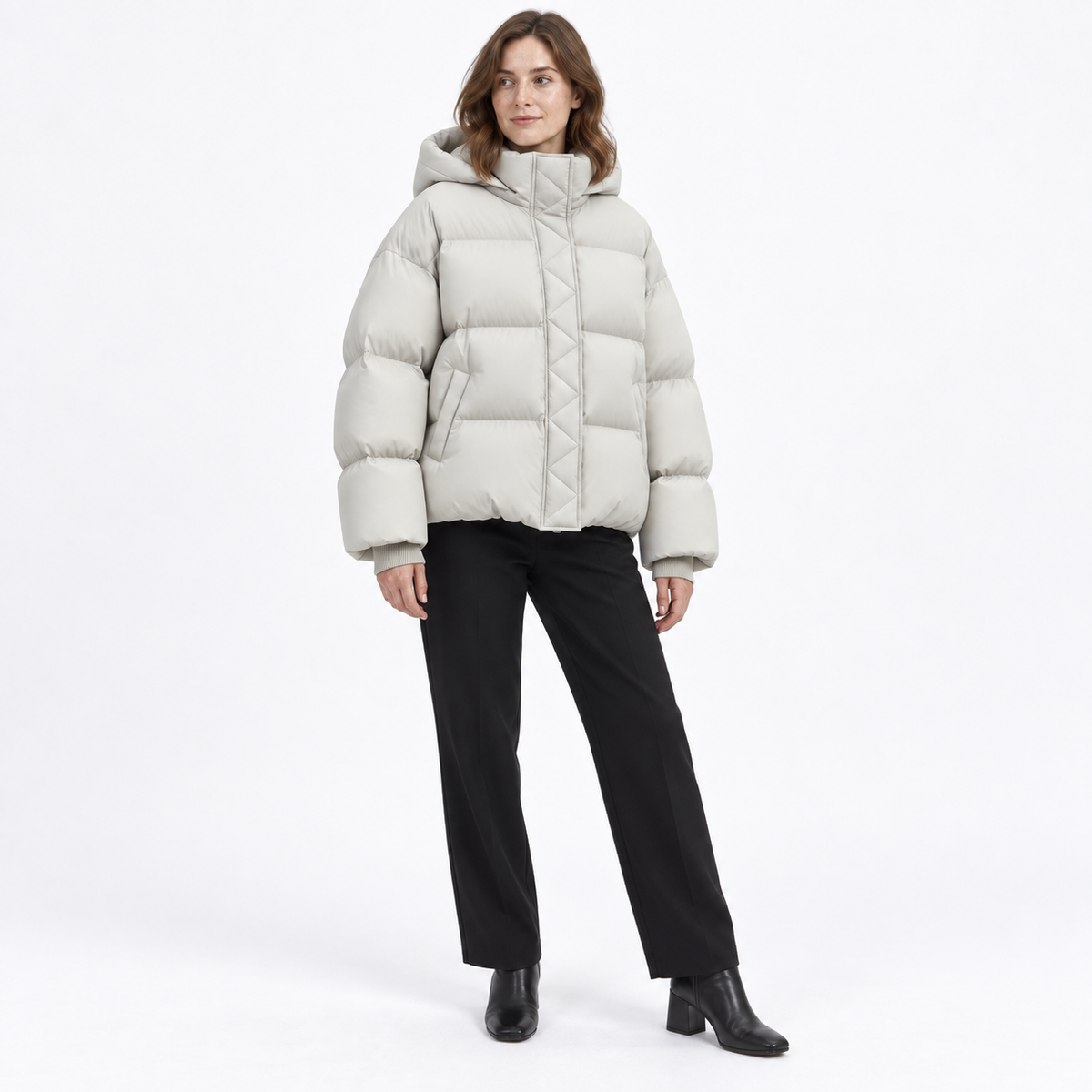Short Hooded Puffer Down Jacket for Women — Cream gray — three_quarter — studio 46-2