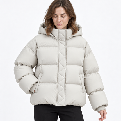 Short Hooded Puffer Down Jacket for Women — Cream gray — detail — studio 46-3