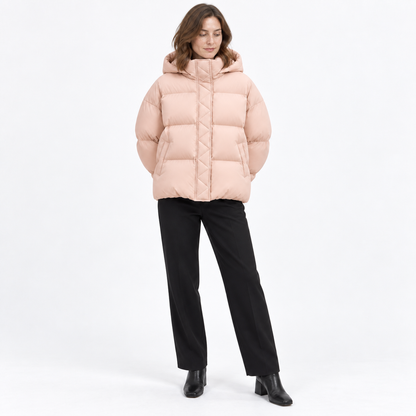 Short Hooded Puffer Down Jacket for Women — Sakura powder — front — studio 46-4