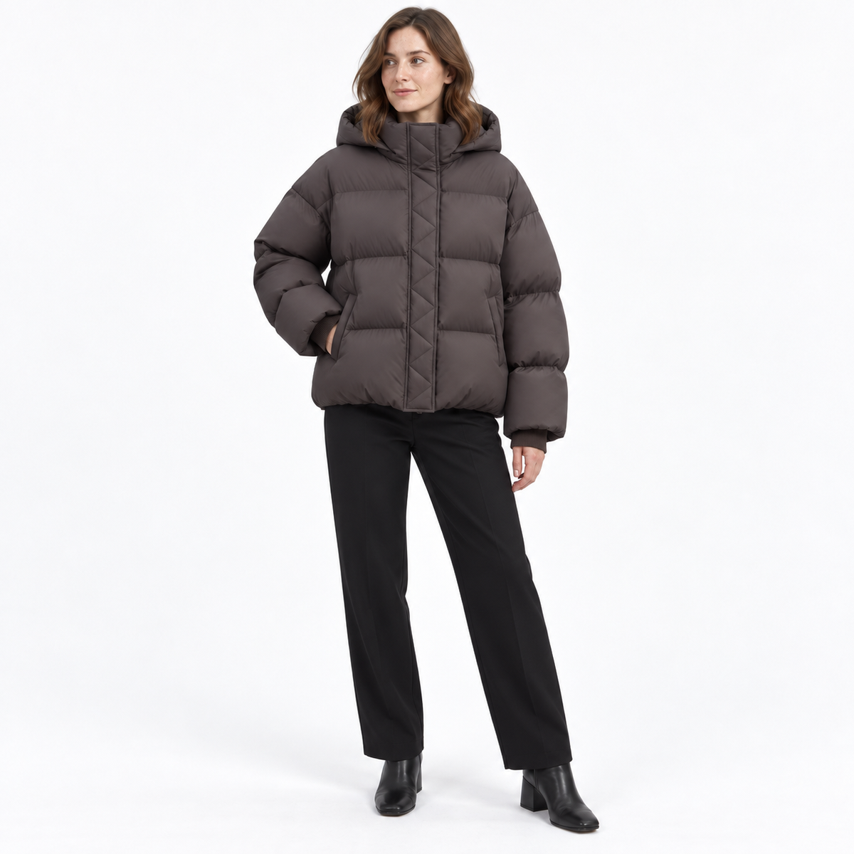 Short Hooded Puffer Down Jacket for Women — Dark brown — front — studio 46-5