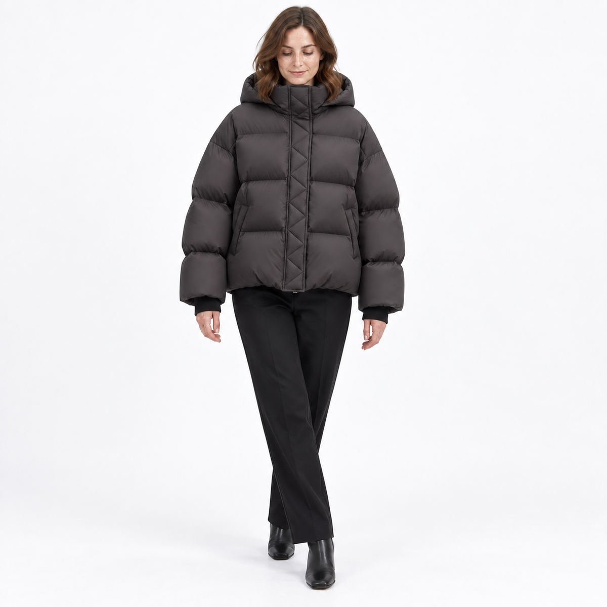 Short Hooded Puffer Down Jacket for Women — Premium black — front — studio 46-6