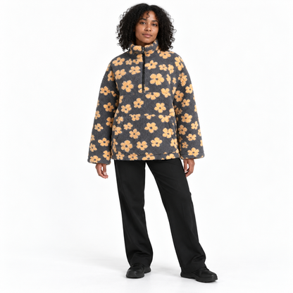 Down puffer flowered pullover — Yellow gray — front — studio 47-1