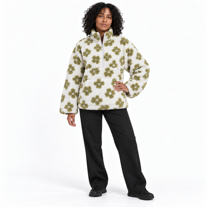 Down puffer flowered pullover — Green white — front — studio 47-3