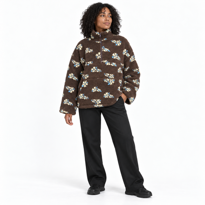Down puffer flowered pullover — Brown — front — studio 47-4