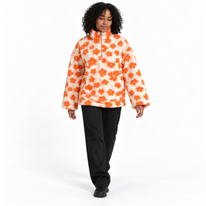 Down puffer flowered pullover — Orange-white — front — studio 47-5
