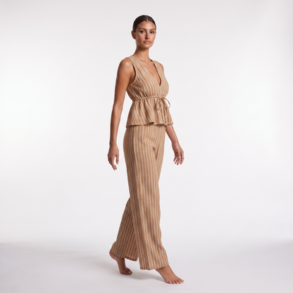 Khaki striped top and trouser set, three-quarter view