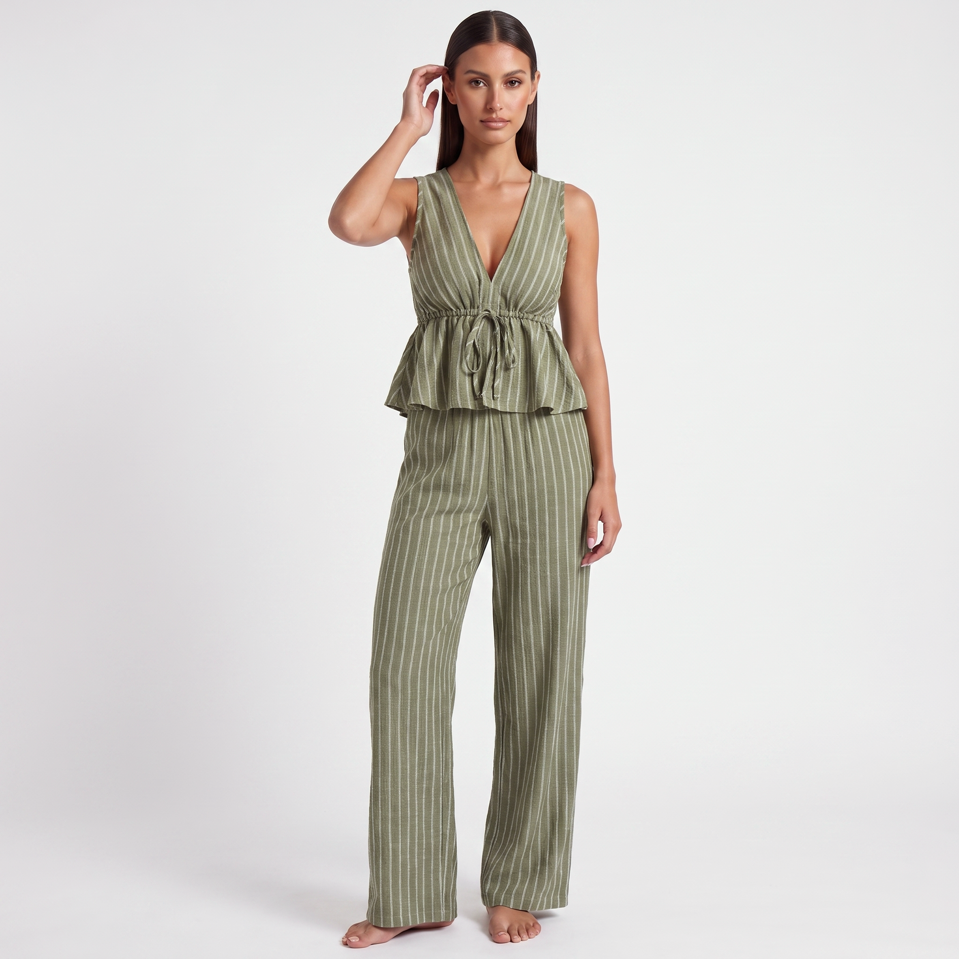 Olive green striped sleeveless V-neck peplum top and wide-leg trouser set, full-length front view