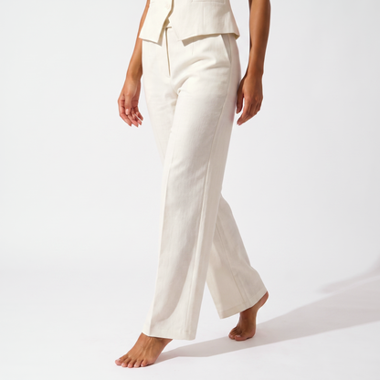 White high-waisted wide-leg tailored trousers, full-length detail