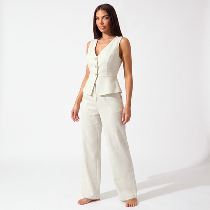 White vest and trouser set, three-quarter view