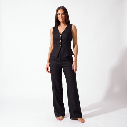Black sleeveless V-neck peplum vest and high-waisted wide-leg trouser set, full-length front view